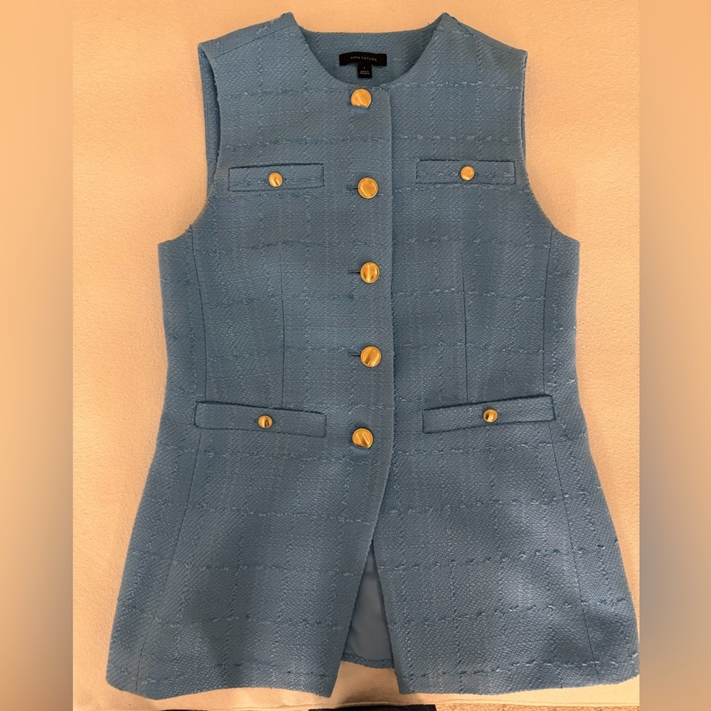 Ann Taylor Blue Sleeveless Jacket with Gold Buttons